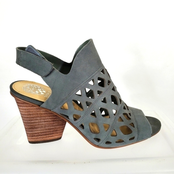 Vince Camuto Shoes - Vince Camuto Deverly Nubuck Sandals Size 9.5 Stacked Heel Laser Cut Gray Shoes
